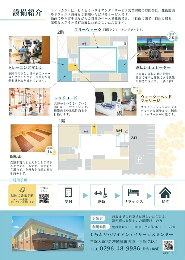 シニアジム「イマカラ」の館内マップと設備紹介、ご利用手順の案内チラシ裏面。トレーニングマシン、レッドコード、運転シミュレーター、ウォーターベッドマッサージ、陶板浴などの紹介と、対象者や利用時間の案内。
