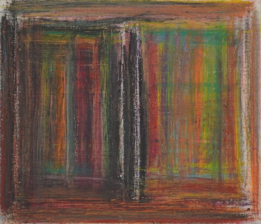 AKITO作『意志の垂直線』。キャンバス上に重厚な色調で垂直線が描かれた絵画作品