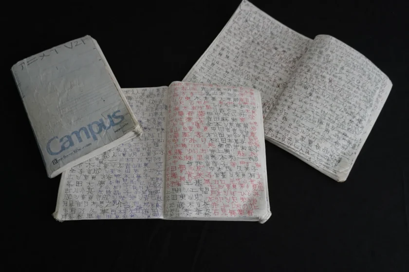 黒い背景の上に、青や赤のペンで文字や記号がびっしりと書き込まれた、3冊の開かれたキャンバスノート